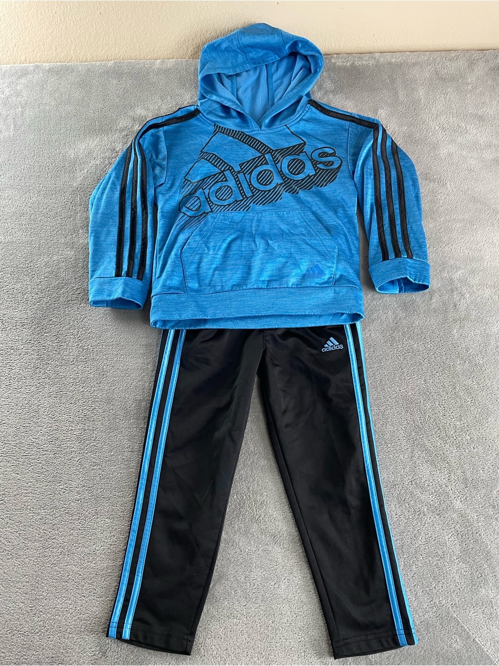 adidas Youth 5 Boys Pullover Hoodie Jogger Track Pants Set Blue Black